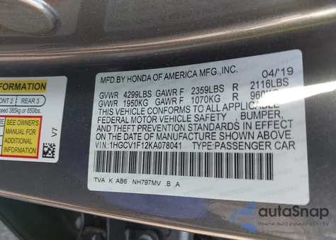 2019 Honda Accord Lx from USA, damaged, VIN 1HGCV1F12KA078041